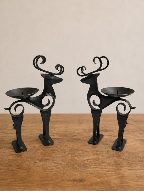 Other - Vintage Black Metal Reindeer Candle Holders Pair Scroll Antlers Holiday Decor